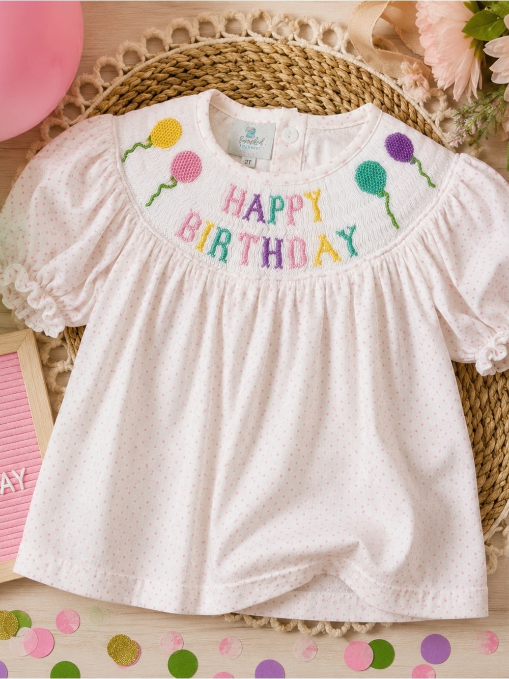 Smocked Polkadot Baby Girls Happy Birthday Embroidery Smocked Top size 2T